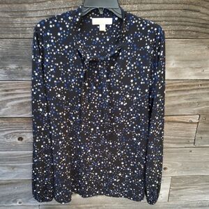 Michael Michael Kors Star-Print Long Sleeve Blouse Black & Blue Size Large
